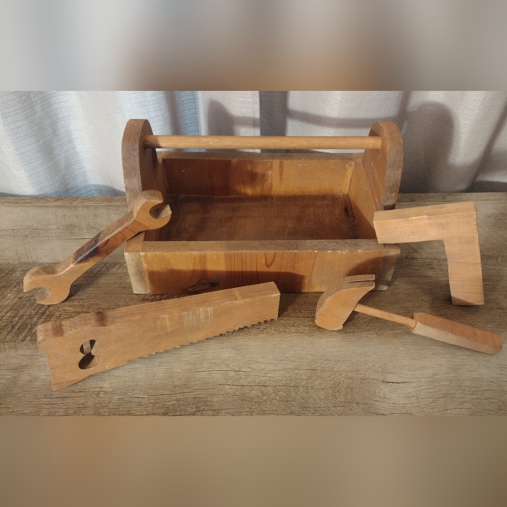 Vintage Handmade Kids Wooden Tool Set With Toolbox